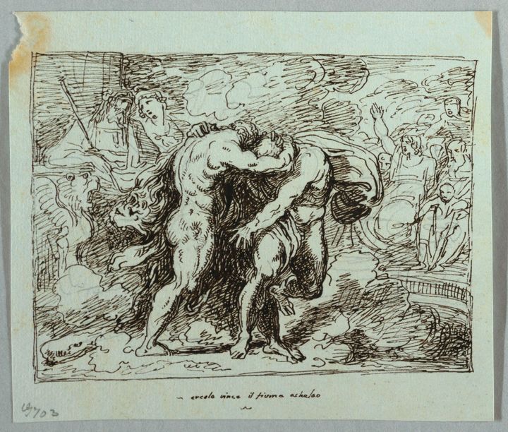 Two men shown wrestling. Onlookers shown at left and right.