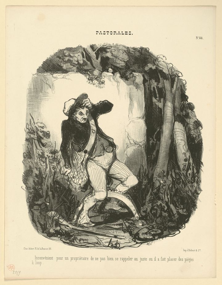 A sketch of a man with his leg stuck in a bear trap in the woods.