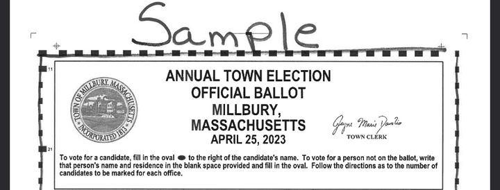 The header of the official sample ballot for Millbury's 2023 election.